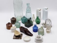 A COLLECTION OF 19TH CENTURY AND LATER POTTERY AND GLASS INK BOTTLES, MEDICINE JARS, EYE BATHS,