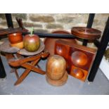 A COLLECTION OF VARIOUS WOODENWARES, A FOLDING STOOL, BOWLS ETC.