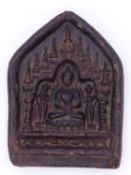 AN INTERESTING EARLY STONEWARE STELE DEPICTING SEATED BUDDHA HOLDING ORB ENSHRINED AND WITH