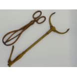 TWO SETS OF UNUSUAL ANTIQUE BRASS PATENT COAL TONGS.