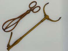 TWO SETS OF UNUSUAL ANTIQUE BRASS PATENT COAL TONGS.