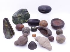A GROUP OF ARCHAISTIC AND OTHER WORKED STONE ARTIFACTS AND SCHOLARS OBJECTS. A SHALLOW STONE PESTLE,