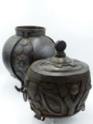 TWO KOREAN IRON VESSELS OF ARCHAISTIC FORM WITH INCISED AND ENGRAVED STRAPWORK DECORATION. 19TH