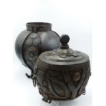 TWO KOREAN IRON VESSELS OF ARCHAISTIC FORM WITH INCISED AND ENGRAVED STRAPWORK DECORATION. 19TH