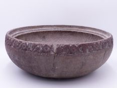 A RUSTIC ELM BOWL, POSSIBLY ENGLISH, WITH FINELY CARVED FOLIATE RIM. TOGETHER WITH A LARGE COPPER AD