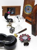 AN INTERESTING GROUP OF COLLECTABLE OBJECTS TO INCLUDE FOUR ANTIQUE MAGIC LANTERN SLIDES, A