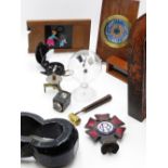 AN INTERESTING GROUP OF COLLECTABLE OBJECTS TO INCLUDE FOUR ANTIQUE MAGIC LANTERN SLIDES, A