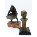 AN ANTIQUE BRONZE FIGURE OF A CONTINENTAL FARMER WITH WINNOWING BASKET. MOUNTED ON MARBLE PLINTH