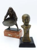 AN ANTIQUE BRONZE FIGURE OF A CONTINENTAL FARMER WITH WINNOWING BASKET. MOUNTED ON MARBLE PLINTH