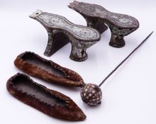 A PAIR OF OTTOMAN HAMMAN SHOES WITH MOTHER OF PEARL INLAY, A PAIR OF OTTOMAN PONY HIDE SHOES AND