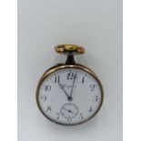AN EARLY 20TH CENTURY POCKET WATCH BY LONGINES, STEEL AND YELLOW METAL CASE WITH WHITE ENAMEL DIAL