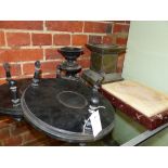 TWO 19TH CENTURY EBONISED BOWL STANDS, A RED AND WHITE MARBLE DISPLAY PLINTH AND A BRASS SCULPTURE