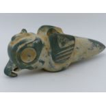 A CARVED GREEN STONE MACE HEAD OF PRE-COLUMBIAN STYLISED PARROT FORM, POSSIBLY COSTA RICA, APPROX