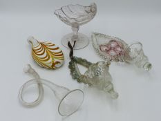 TWO VENETIAN GLASS WATER STOUPS, A SIMILAR SCALLOP FORM BOWL ON FACET STEM, A BLOWN GLASS THUMB HORN