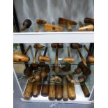 A LARGE COLLECTION OF TREEN, HARDWOOD PLUMBERS FORMS, WEDGE MALLETS, LARGE BEADS, LARGE BULLET