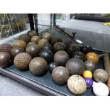 A COLLECTION OF FRENCH BOULLE BALLS OF STUDDED NAIL TYPE, VARIOUS BOWLING WOOD AND OTHER GAMES BALLS