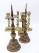 A PAIR OF 18TH CENTURY BRASS PRICKET CANDLESTICKS WITH BROAD DRIP PANS TOGETHER WITH TWO LATER