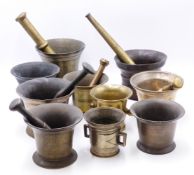 TEN BRONZE MORTAR OF TRADITIONAL FORM, TWO WITH HANDLES AND TOGETHER WITH FIVE PESTLE (15) 17TH &