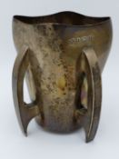 AN ENGLISH HALLMARKED SILVER BEAKER FORM VASE WITH STYLISED SUPPORTS, BIRMINGHAM 1903 BY WILLIAMS (