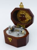 A FINELY MADE MINIATURE MAHOGANY CASED CRYSTAL SET, CLAMPED PYRITE CRYSTAL WITH COPPER ADJUSTABLE