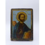 AN ANTIQUE RELIGIOUS ICON, OIL ON GESSO PREPARED PANEL, EAST EUROPEAN 18CM HIGH