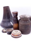 A TUTSI BANYAKOLE WOODEN MILK CONTAINER, PROBABLY UGANDA. TOGETHER WITH A GROUP OF VARIOUS AFRICAN