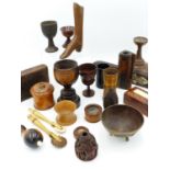 A GROUP OF ENGLISH, EUROPEAN AND OTHER TREEN TO INCLUDE CUPS, BEAKERS, UTENSILS AND ORNAMENTAL ITEMS