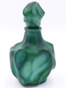 AN INTERESTING ART DECO "MALACHITE GLASS" LIDDED SCENT BOTTLE 13 CM TALL