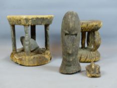 TWO AFRICAN, DOGON, WOOD STOOLS. ONE WITH SNAIL CARVED TO THE LOWER TIER. TOGETHER WITH A TRIBAL