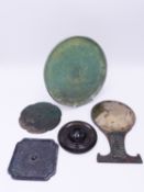 FOUR CHINESE ARCHAISTIC BRONZE MIRRORS 20 CM AND SMALLER; TOGETHER WITH A LATER INDONESIAN EXAMPLE