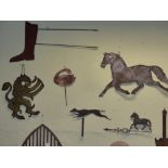 A SHEET IRON WEATHER VANE POINTER IN THE FORM OF A RUNNING DOG AND ANOTHER OF A HORSE TOGETHER