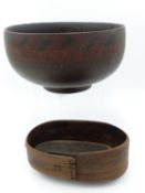 AN ANTIQUE HAND TURNED WOOD BOWL WITH POLYCHROME PAINTED DECORATION TOGETHER WITH A SMALL BENTWOOD