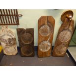 A GROUP OF FOUR EUROPEAN CHEESE MOULD BOARDS, EACH WITH TWIN CARVED RECESSES TOGETHER WITH TWO