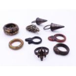 THREE ANTIQUE WHITE METAL POMANDER RINGS, TWO UNUSUAL IRON RINGS DECORATED WITH CHAMELION AND