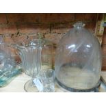 A 19TH CENTURY CUT GLASS HALL LANTERN SHADE TOGETHER WITH TWO GLASS DISPLAY DOMES, A SMOKE BELL,