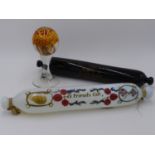 TWO ANTIQUE GLASS PAINT DECORATED ROLLING PINS, A FRIEND'S GIFT & LOVE AND LIVE HAP- TOGETHER WITH A