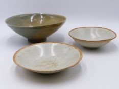 A CHINESE GREEN/ BROWN CRACKLE GLAZE CONICAL FOOTED BOWL AND TWO FURTHER CHINESE CREAM WHITE