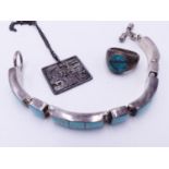 A SILVER AND TURQUOISE BRACELET STAMPED .925 MEXICO AND SIMILAR RING TOGETHER WITH A MODERNIST