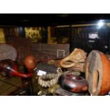 TWO WEST AFRICAN MBIRA (THUMB HARP) MUSICAL INSTRUMENTS TOGETHER WITH A GROUP OF GOURD MARACAS AND