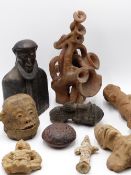 A GROUP OF VARIOUS PRE COLUMBIAN SOUTH AMERICAN AND OTHER POTTERY FIGURES,HEADS, ANIMALS AND