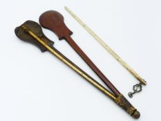 AN ORIENTAL WOOD CASED OPIUM BALANCE WITH IVORY SCALE, A FURTHER BONE SCALE WITH BRASS FITTINGS