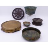 A GROUP OF ORIENTAL ARCHAISTIC METAL WARES . A GILT BRONZE URN STAND WITH 6 CHARACTER SIGNATURE, A