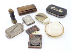 AN 19TH CENTURY ENGLISH HALLMARKED SILVER POCKET VESTA CASE, A CONTINENTAL SILVER LIDDED PIN BOX,