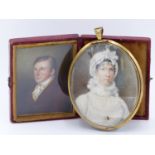 A 19TH MINIATURE PORTRAIT OF A LADY IN WHITE DRESS, MOUNTED IN A GILT PENDANT FRAME TOGETHER WITH