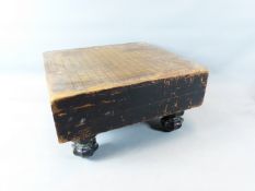 A CHINESE "GO" GAMES BOARD TABLE, THICK SOLID WOOD FORM AND SHAPED SUPPORTS 45 X 41 CM