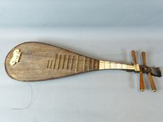 A CHINESE LUTE OR PIPA, OF TRADITIONAL ONE PIECE BOWL BACK DESIGN WITH IVORY FRETS AND SIGNATURE