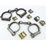 A GROUP OF SIX VARIOUS 19TH CENTURY COMBINATION PADLOCKS TOGETHER WITH TWO PAIRS OF HIATT HANDCUFFS,