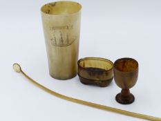 A 19TH CENTURY HORN BEAKER, SCRIMSHAW ENGRAVED WITH THREE MASTED SHIP THE SENTINEL AND COMPASS