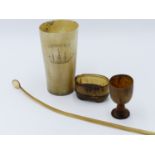 A 19TH CENTURY HORN BEAKER, SCRIMSHAW ENGRAVED WITH THREE MASTED SHIP THE SENTINEL AND COMPASS