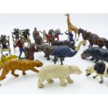 A LARGE COLLECTION OF VINTAGE DIE CAST FARM AND WILD ANIMALS, THREE HUMEROUS CAT FIGURES, "COWBOYS &